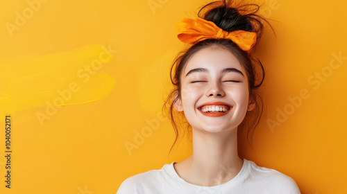 joyful young woman with bright orange bow in her hair smiles against vibrant yellow background, radiating happiness and positivity