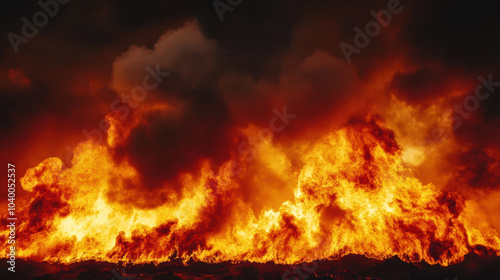 Fiery eruption with flames reaching high and dark smoke billowing into sky, creating dramatic and intense scene of natural power and destruction