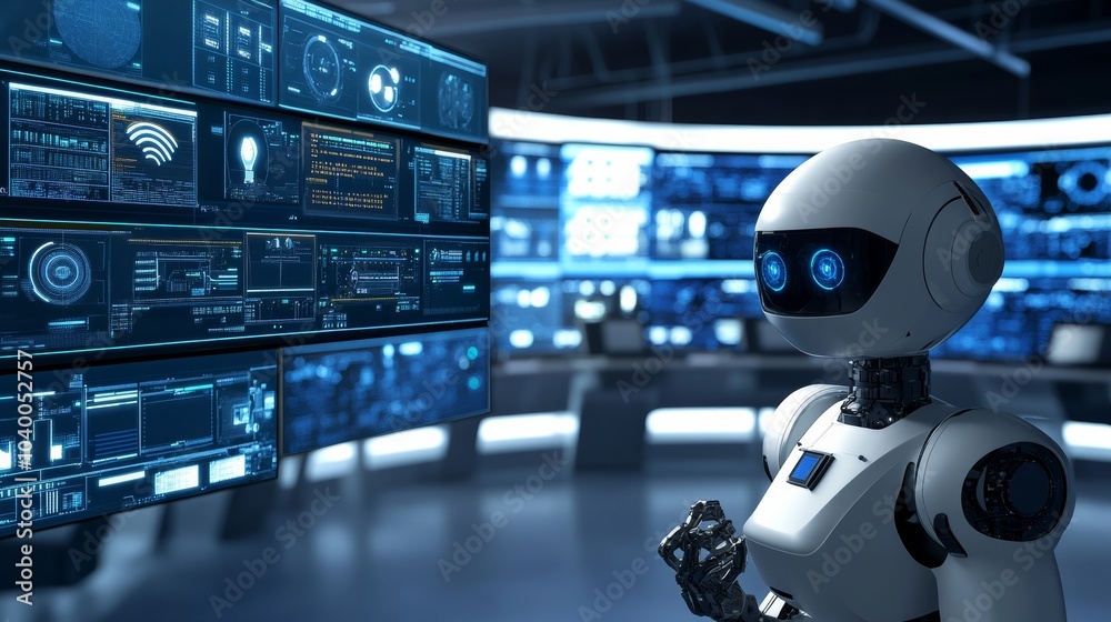 A robot conducting automated surveillance in a futuristic security operations center with multiple screens and sensors, clean and secure environment, Security-tech style A robot conducting automated surveillance in a futuristic security operations center with multiple screens and sensors, clean and secure environment, Security-tech style