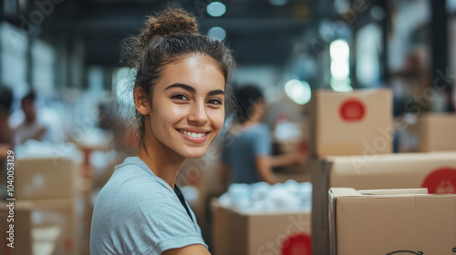 Smiling woman volunteering in warehouse, helping with medical supplies and packing boxes. Her cheerful expression reflects spirit of community support and teamwork
