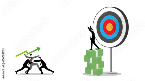 Businessman throws a green arrow javelin at a target, defended by a team of competitors on banknotes stack, the rival challenge of leader in business goal. Market competition success in the corporate