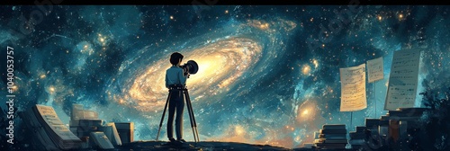 Astronomer exploring galaxies, telescope in hand, immersed in charts and books, a journey through the cosmos and knowledge photo