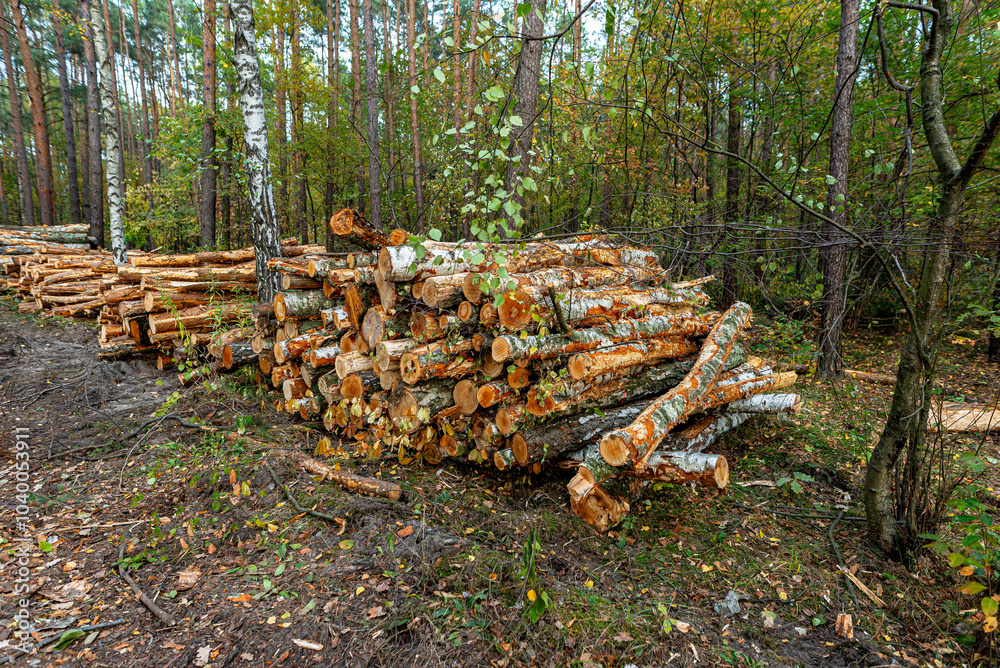 Cut logs lying in a pile at a dirt road in the woods on an autumn day.