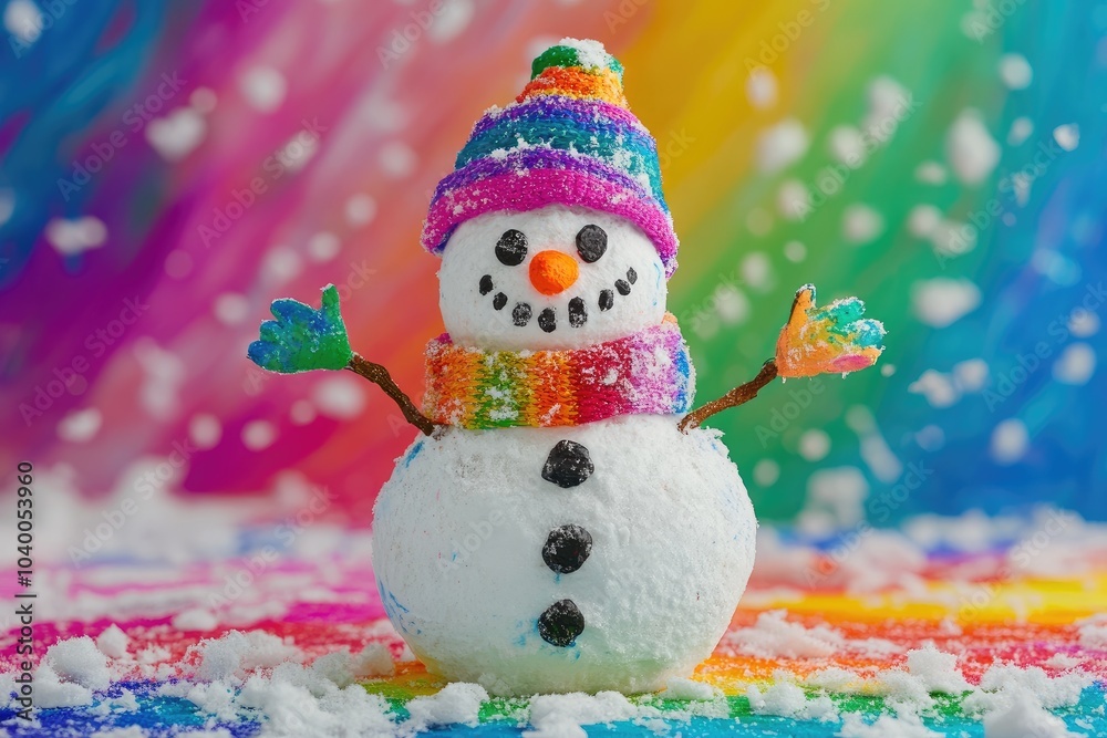 A Rainbow Snowman With Snow Falling in the Background