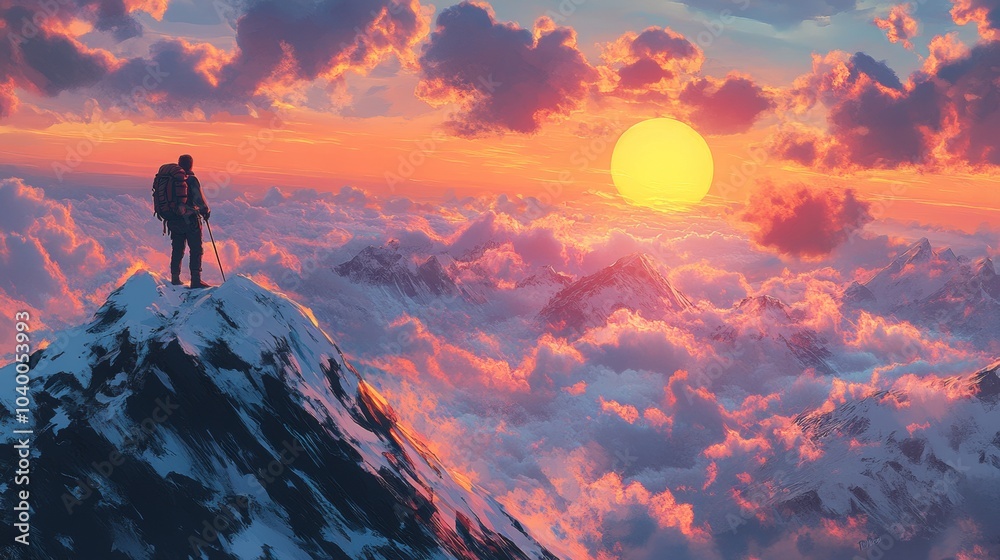Dawn Ascent, an explorer scaling a mountain, anticipation building for the sunrise emerging above a sea of clouds Dawn Ascent, an explorer scaling a mountain, anticipation building for the sunrise emerging above a sea of clouds