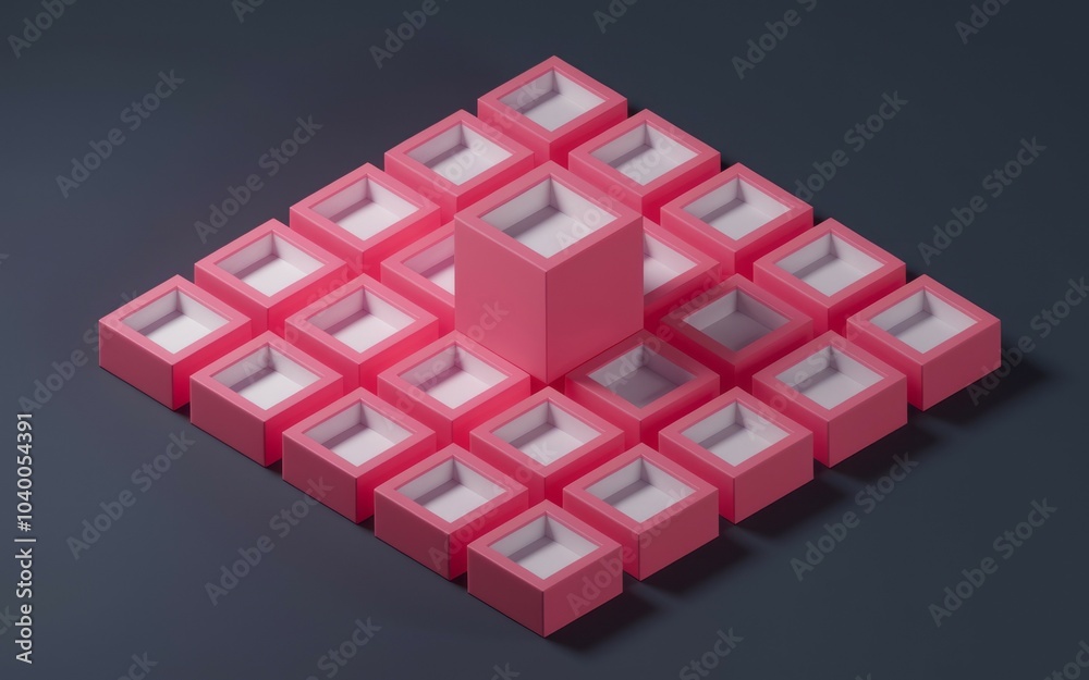 Pink boxes pyramid pattern. A pyramid of pink boxes with one larger box in the center. The image represents unity and standing out from the crowd. Pink boxes pyramid pattern. A pyramid of pink boxes with one larger box in the center. The image represents unity and standing out from the crowd.
