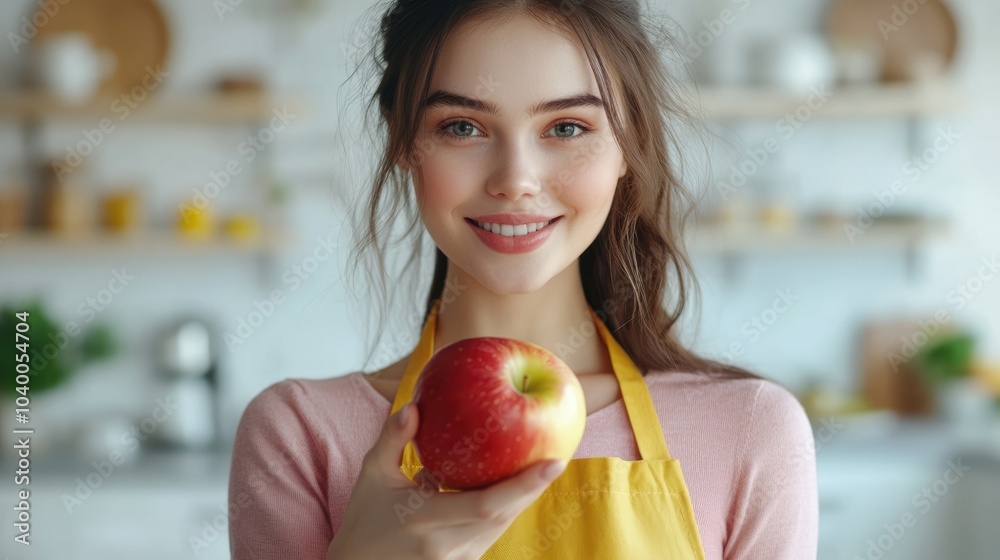 Dark-haired young woman in a yellow apron and pink top, presenting a fresh apple. Modern kitchen with white walls. Dark-haired young woman in a yellow apron and pink top, presenting a fresh apple. Modern kitchen with white walls.