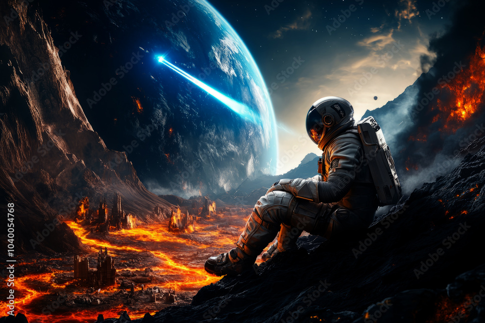 astronaut sits on the edge of an alien planet, watching a beam hit Earth in space. astronaut sits on the edge of an alien planet, watching a beam hit Earth in space.