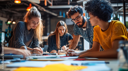 Young professionals collaborating on project during hackathon, showcasing teamwork and creativity in vibrant workspace. Their focused expressions reflect enthusiasm and innovation