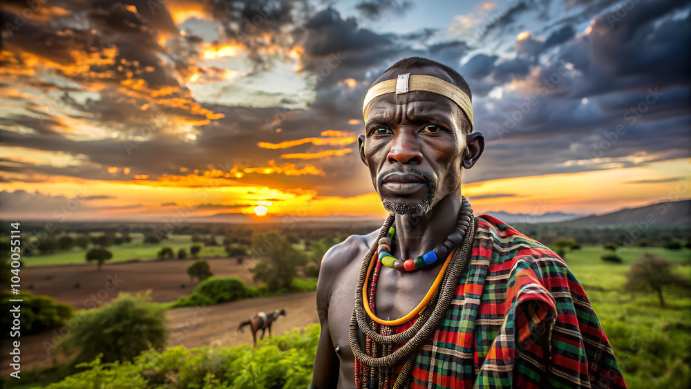 Portrait of a man of the Mursi African tribe. Sunset sky clouds landscape blurred background. copy space.