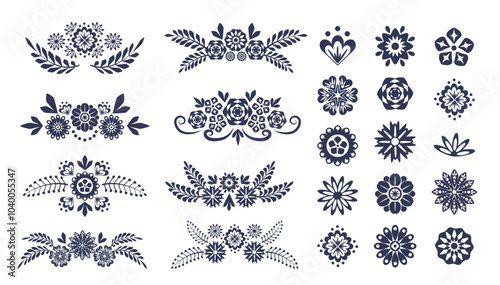 Black silhouette symmetrical flowers. Scandinavian folk art black silhouette symmetrical flowers. Flower composition border line. Decorative elements for weddings, holidays, accessories