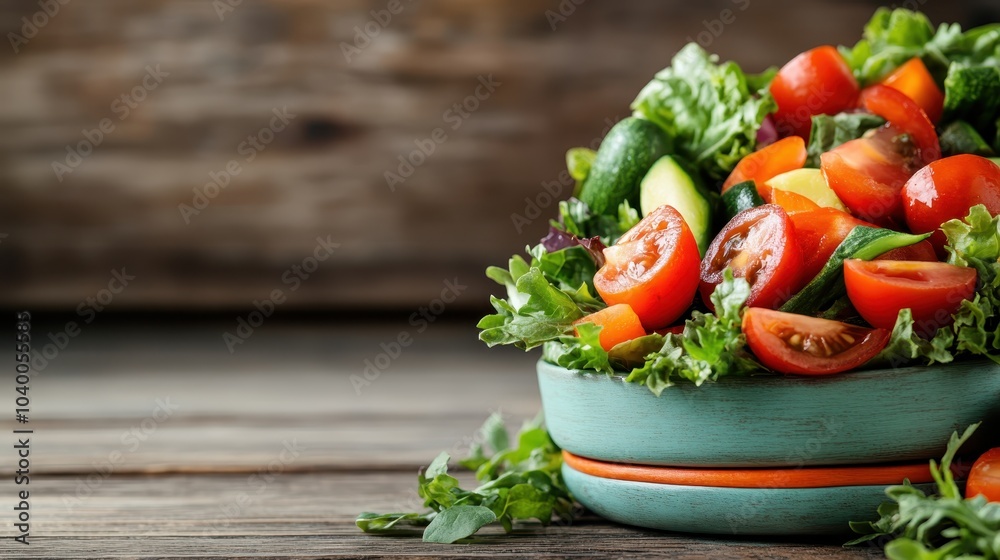 This image showcases a vibrant fresh vegetable salad consisting of tomatoes, lettuce, and cucumbers in a colorful ceramic bowl on a rustic wooden table setting. This image showcases a vibrant fresh vegetable salad consisting of tomatoes, lettuce, and cucumbers in a colorful ceramic bowl on a rustic wooden table setting.