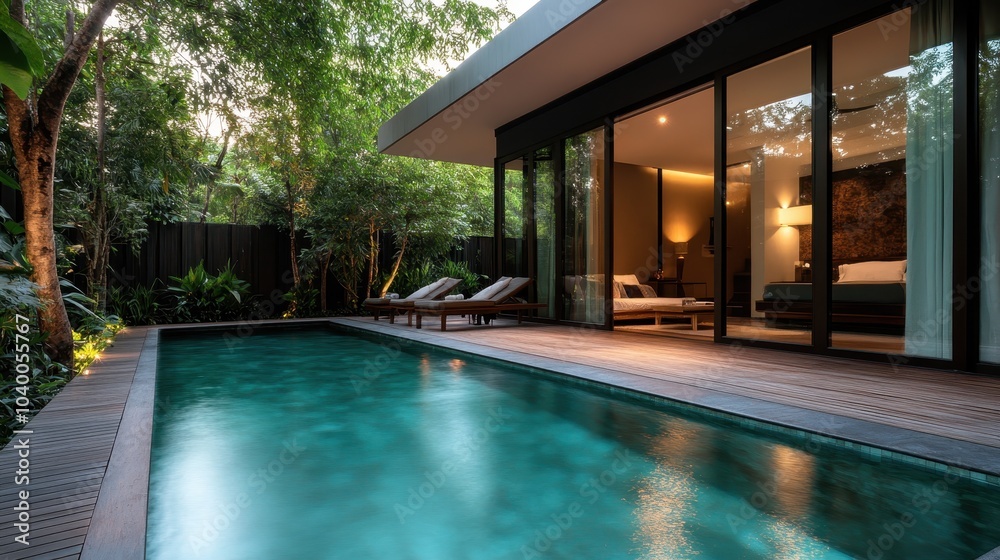 Fototapeta premium A contemporary villa featuring a tranquil pool surrounded by dense, vibrant greenery, with a cozy bedroom visible through floor-to-ceiling windows.