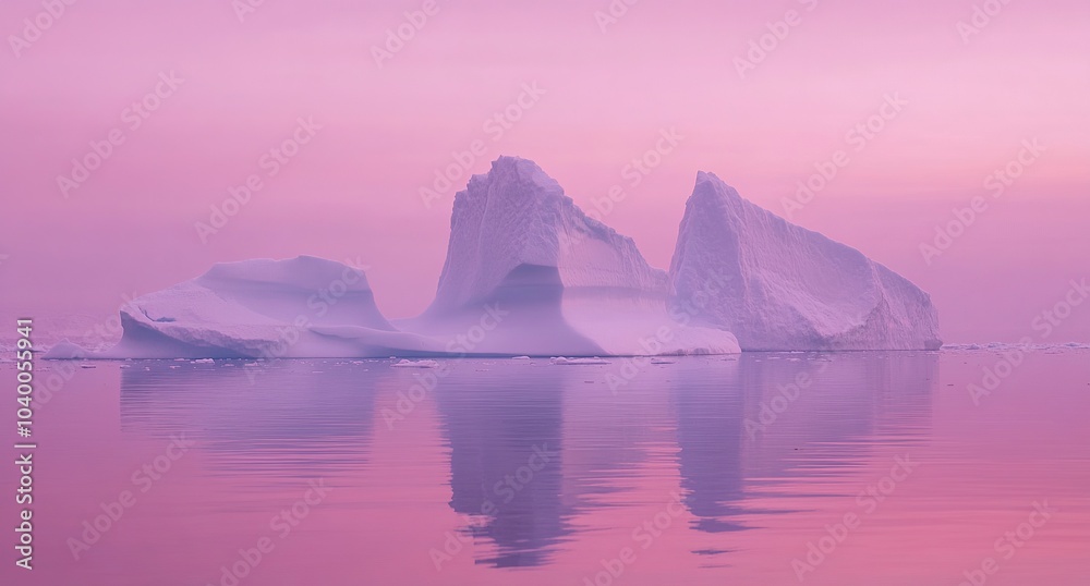 large icebergs in the water at dawn, with a pink sky and calm waters large icebergs in the water at dawn, with a pink sky and calm waters