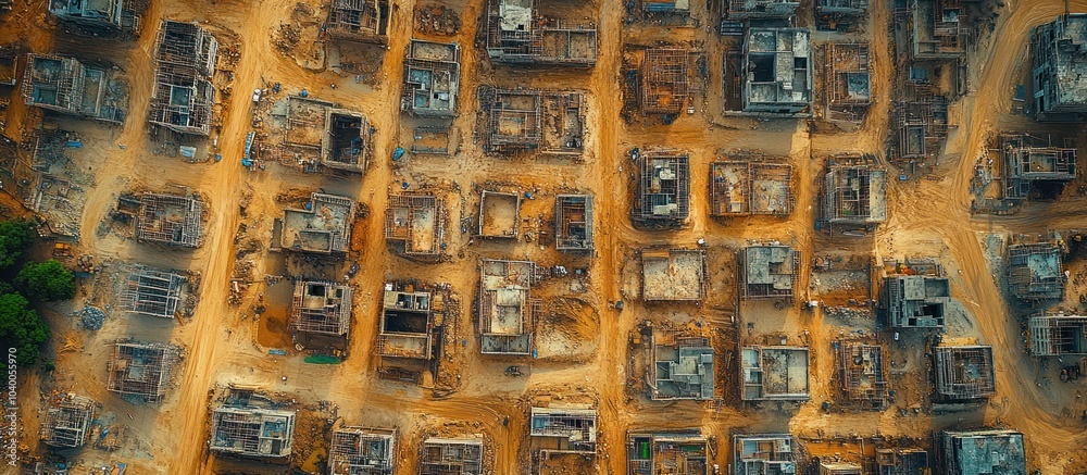 Fototapeta premium Aerial view of a developing neighborhood with unfinished buildings and dirt roads.