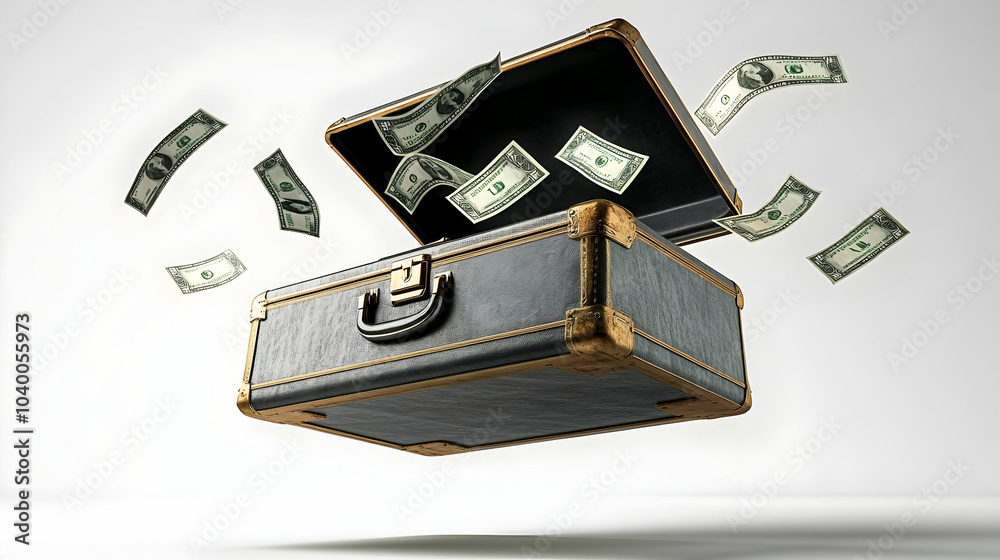 3D Levitating Briefcase Dollar Bills Flying Symbolizing Business Success High Quality Image Open Briefcase Suspended Air Profit Wealth Dynamic Composition White Background 3D Levitating Briefcase Dollar Bills Flying Symbolizing Business Success High Quality Image Open Briefcase Suspended Air Profit Wealth Dynamic Composition White Background