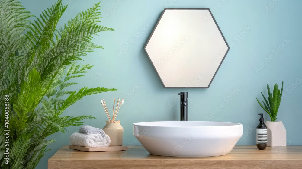 Fototapeta premium Modern bathroom decor featuring a hexagon mirror, blue and minimalist