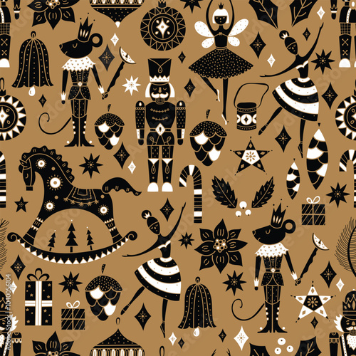  Cute Christmas vector seamless Nutcracker pattern.  Gold seamless pattern can be used for wallpaper, pattern fills, web page background, surface textures.