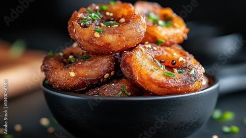 A picturesque close-up depicts gourmet crispy onion rings seasoned intricately and presented in an elegant black bowl with a rustic background, showcasing culinary artistry. photo