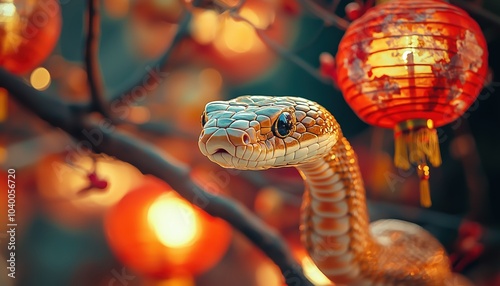 New Year 2025 chinese lanterns, Gold snake in the background, copy space