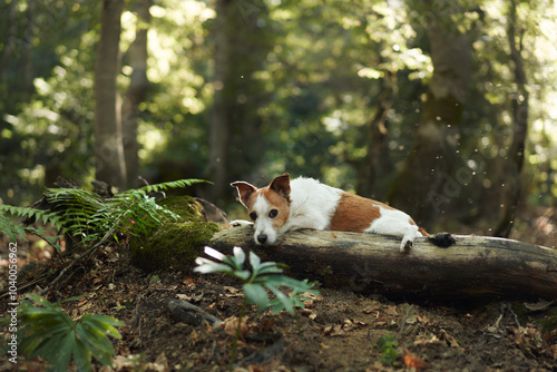 A Jack Russell Terrier is lying on a log in a sunlit forest, looking content and relaxed. The bright sunlight highlights the peaceful atmosphere of the scene.