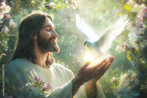 Jesus Christ holding a white dove, symbolizing the Holy Spirit, with a serene expression, representing peace, purity, and divine grace photo