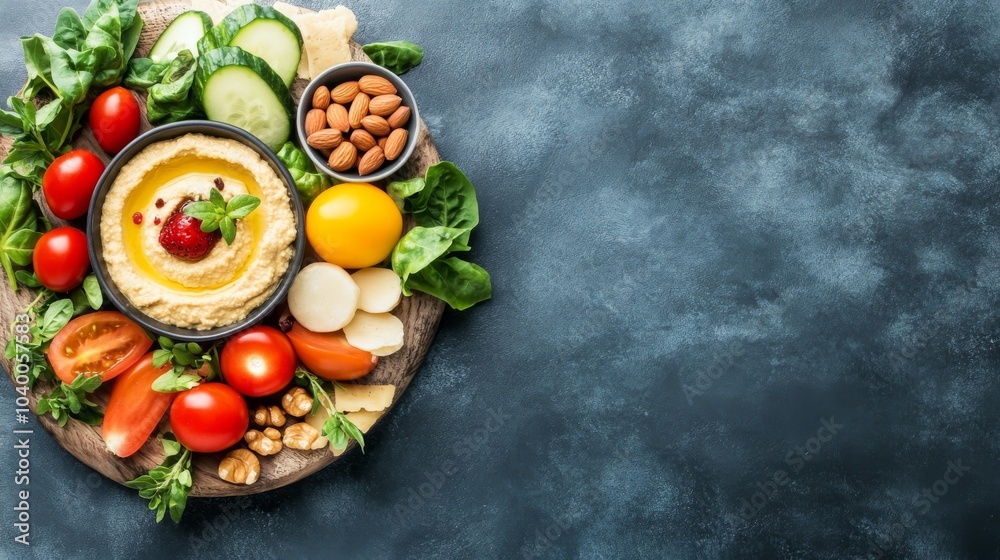 Un plato de hummus con bastones de verduras frescas, almendras y nueces, dispuestos sobre una tabla de madera en un fondo gris oscuro.
Un plato de hummus con bastones de verduras frescas, almendras y nueces, dispuestos sobre una tabla de madera en un fondo gris oscuro.