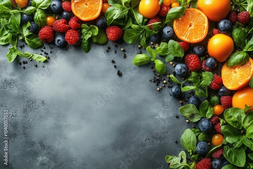 Fresh fruits and greens create a vibrant display on a rustic countertop