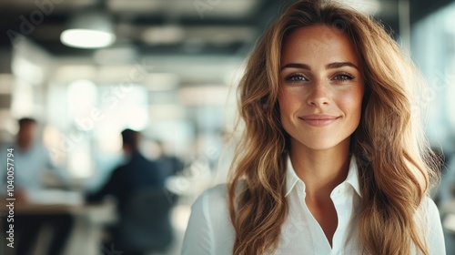 A smiling woman with wavy hair stands confidently in a bright, modern office environment, embodying a sense of professionalism and warmth in a workplace setting.