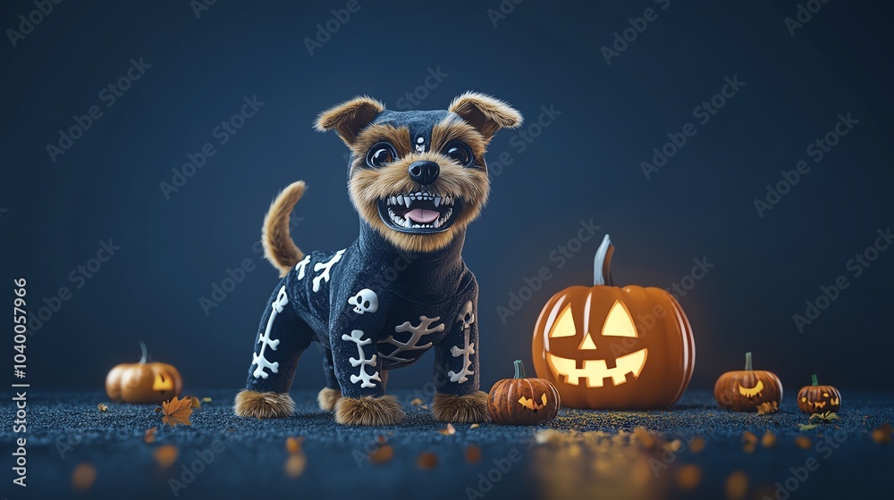Fototapeta premium Cute dog wearing a skeleton costume, wagging its tail next to a jacko lantern, Halloween dog, fun and playful