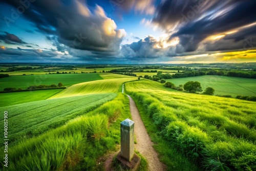 Long Exposure of Public Footpath Marker in Farm Fields of Kirkby in Ashfield, Nottinghamshire photo