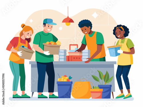 Volunteers working together in a community kitchen to prepare meals with fresh produce and ingredients during a sunny day