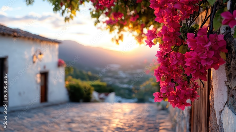 Brilliant pink flowers lit by the golden dusk sun line a rustic cobblestone path in a serene countryside setting, capturing the evening's peaceful ambiance. Brilliant pink flowers lit by the golden dusk sun line a rustic cobblestone path in a serene countryside setting, capturing the evening's peaceful ambiance.