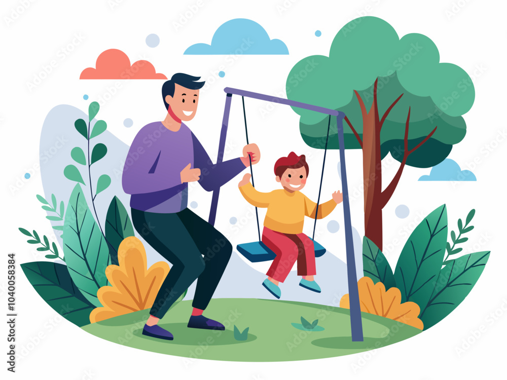 A father enjoys a joyful day at the park pushing his young son on a swing surrounded by lush greenery and cheerful clouds A father enjoys a joyful day at the park pushing his young son on a swing surrounded by lush greenery and cheerful clouds