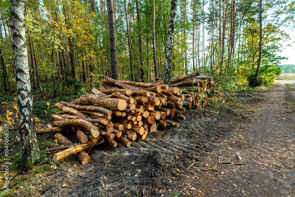 Cut logs lying in a pile at a dirt road in the woods on an autumn day. Cut logs lying in a pile at a dirt road in the woods on an autumn day.