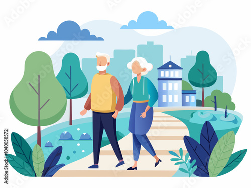 Older couple enjoying a leisurely walk in a serene park setting on a clear day with cityscape in the background