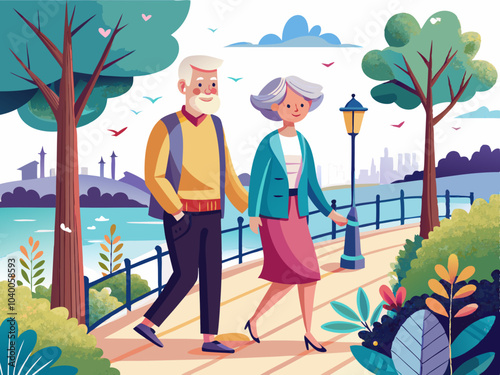 Elderly couple walking together in a picturesque park with lush greenery and a scenic waterfront view during a sunny day