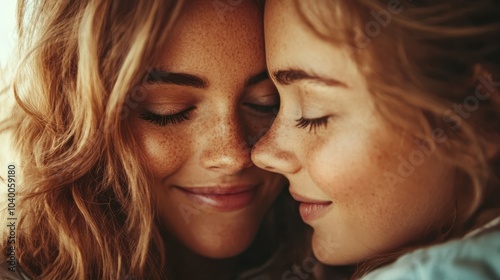 Two women, faces close together, smile radiantly, sharing a moment of joy and friendship in a setting filled with warmth and connection on a lovely day. photo