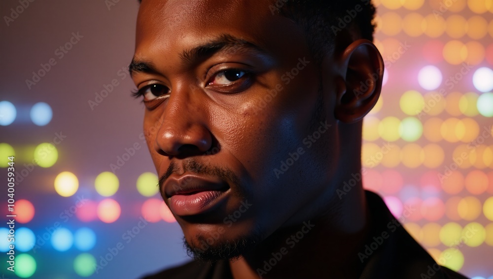 Portrait features a young African American man with geometric facial structure against a backdrop of vibrant neon colors Portrait features a young African American man with geometric facial structure against a backdrop of vibrant neon colors