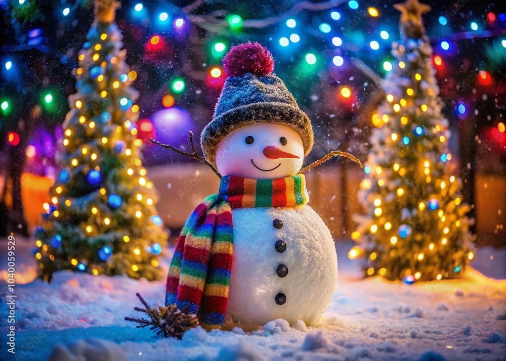 Long Exposure Snowman Christmas Scene with Soft Lights and Snowflakes for Holiday Cheer