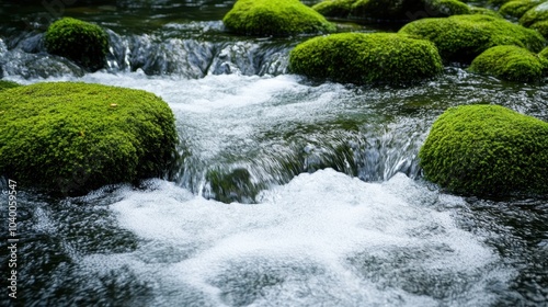 A serene stream flows over moss-covered rocks, creating a peaceful and natural landscape filled with green hues and gentle water movement in a calming environment.