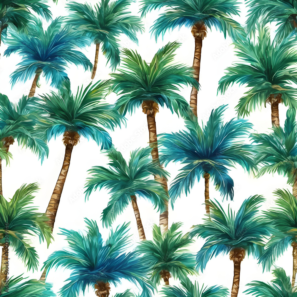 Seamless watercolor pattern of palm trees blowing in the wind on a sunny day, bright blue background.