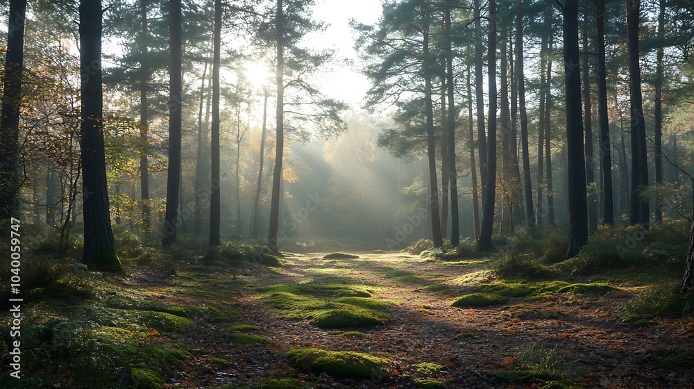 Obraz premium A tranquil woodland scene, with sunlight filtering through pine and cedarwood trees, eucalyptus scent carried by a light breeze, soft moss and fallen leaves covering the ground,