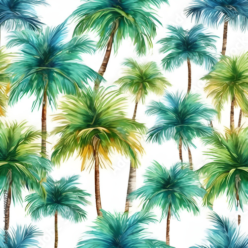 Seamless watercolor pattern of palm trees blowing in the wind on a sunny day, bright blue background.