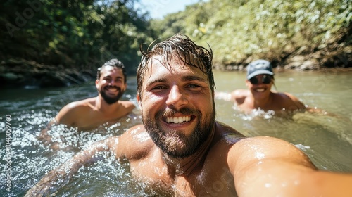 Three smiling men are swimming together, enjoying a lively and fun-filled moment in a natural water setting surrounded by vibrant greenery and sunlight. photo