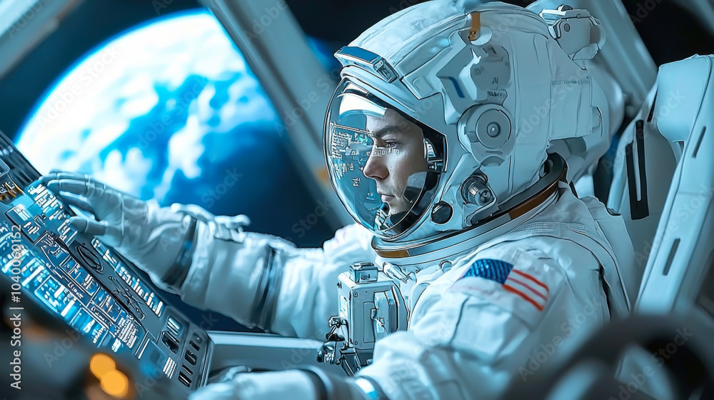 astronaut in a futuristic spacecraft, focused on a control pane astronaut in a futuristic spacecraft, focused on a control pane