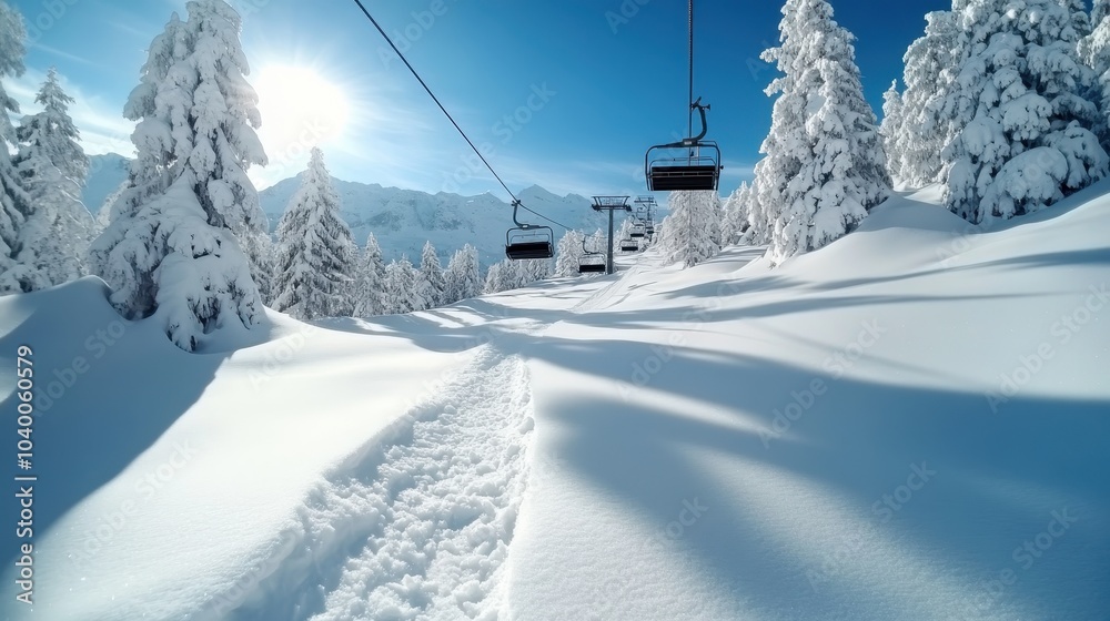 An empty ski trail marks the fresh snow with towering snow-draped pines, as chairlifts ascend under a bright blue sky, capturing winter's tranquil essence. An empty ski trail marks the fresh snow with towering snow-draped pines, as chairlifts ascend under a bright blue sky, capturing winter's tranquil essence.