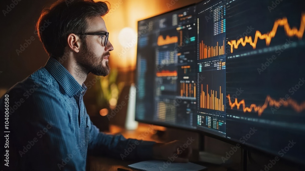Male Financial Planner Analyzing Financial Projections with Accounting Software Male Financial Planner Analyzing Financial Projections with Accounting Software