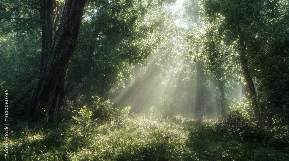 Obraz premium A forest with sunlight shining through the trees