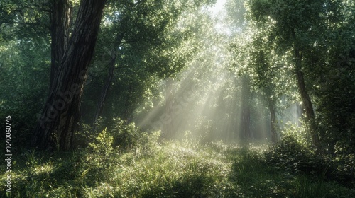 A forest with sunlight shining through the trees